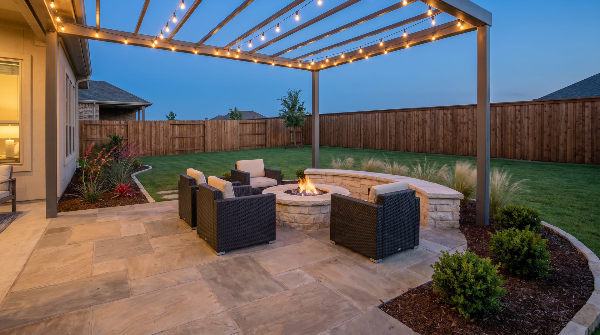 Texas backyard flagstone patio with fire pit and string-light pergola at dusk