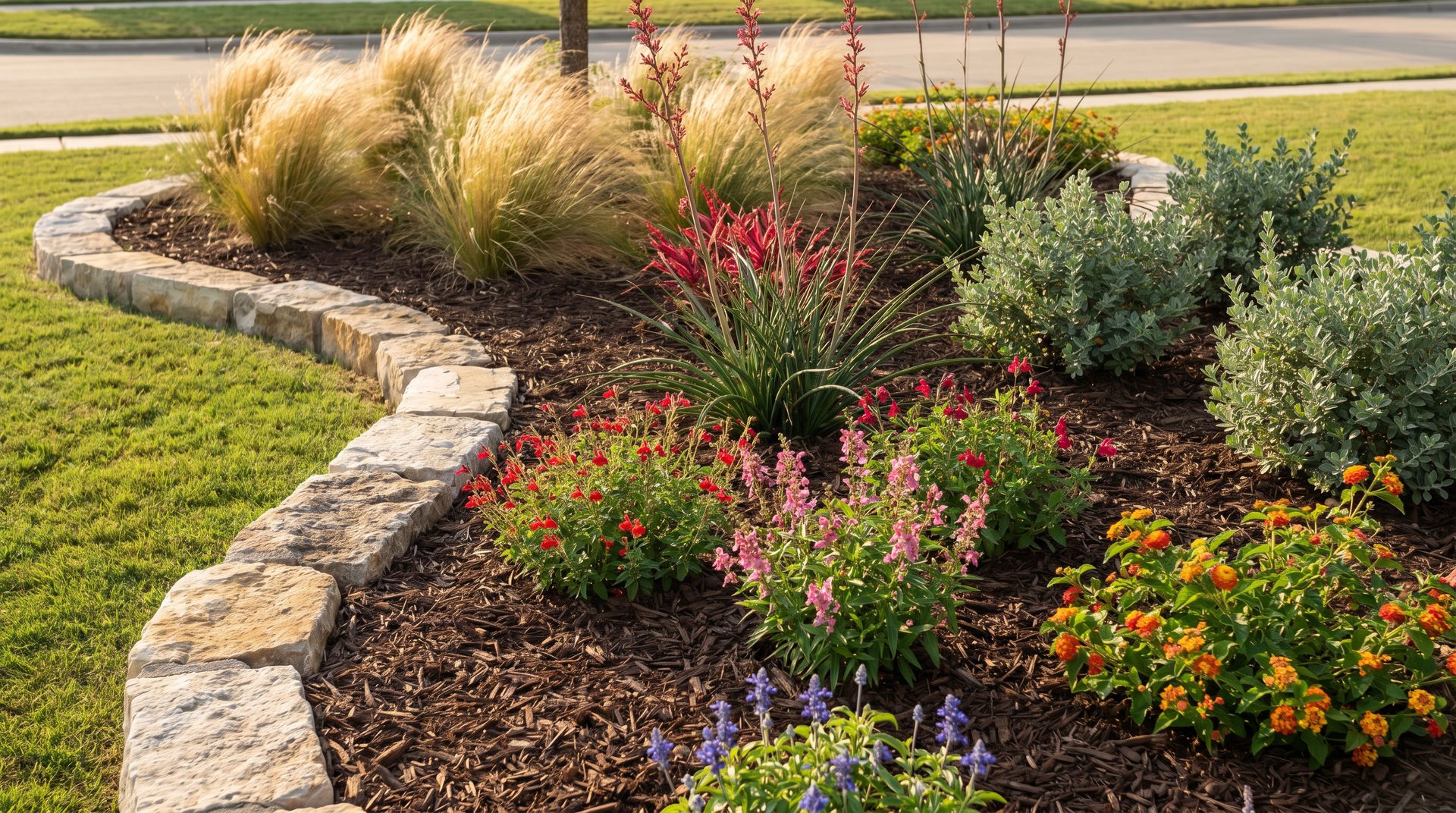 Designed flower bed with native Texas plantings and limestone border