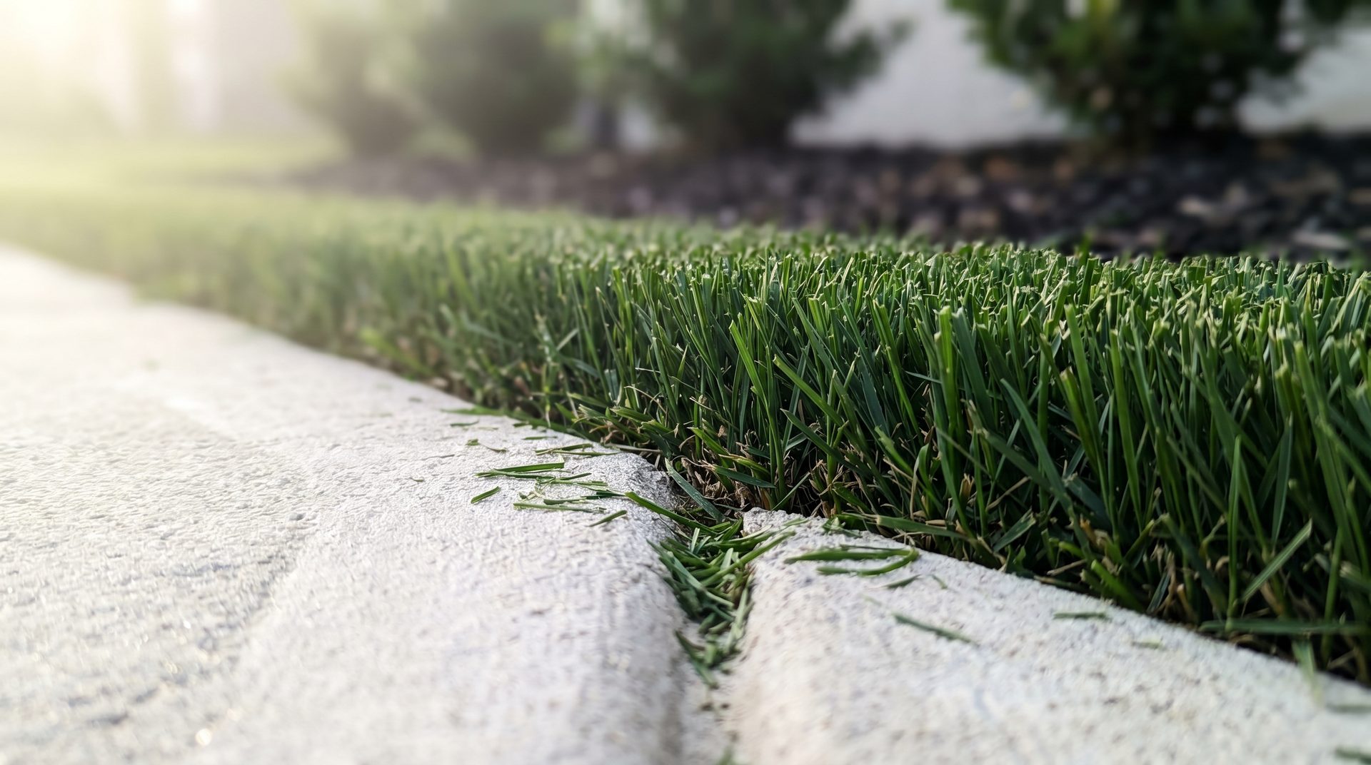 Close-up of a clean grass edge against concrete in warm Texas morning light