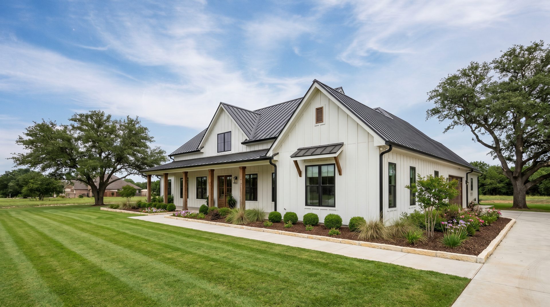 Modern Texas farmhouse with manicured front lawn and clean landscape beds
