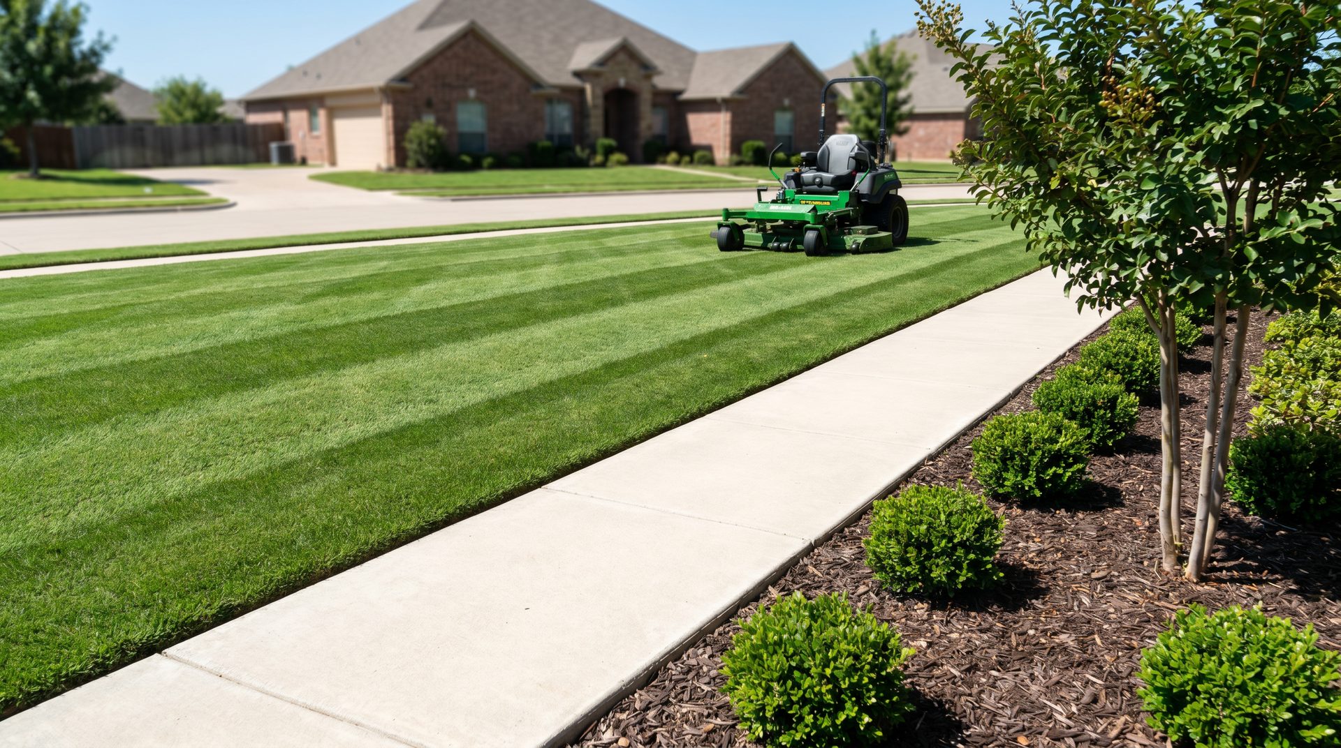 Zero-turn mower on a striped Bermuda lawn in front of a Texas brick home